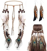 2 Pièces Costume Indien Femme Set Hippie Boho Bandeau à Plumes et Boucles d'Oreilles Fait Main Idéal pour Carnaval Cosplay et Usage Quotidien