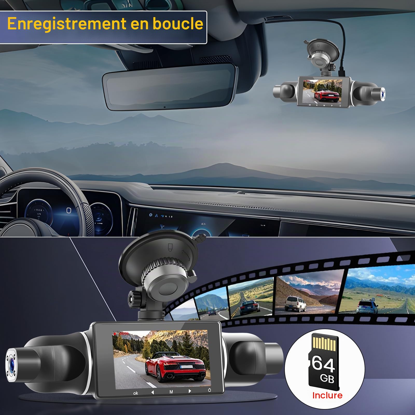 Hikity 3" 1080P WiFi Dashcam 4 Dashcam avec DVR G-Capteur Carte TF 64G