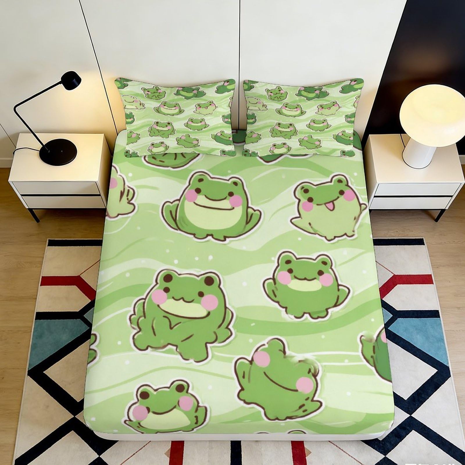 3D Printed Cute Frog Cartoon Fitted Sheet Microfiber Non-Slip Mattress Cover Green Animal Decor for Bedroom Dorm Easy Care 160x200x25cm