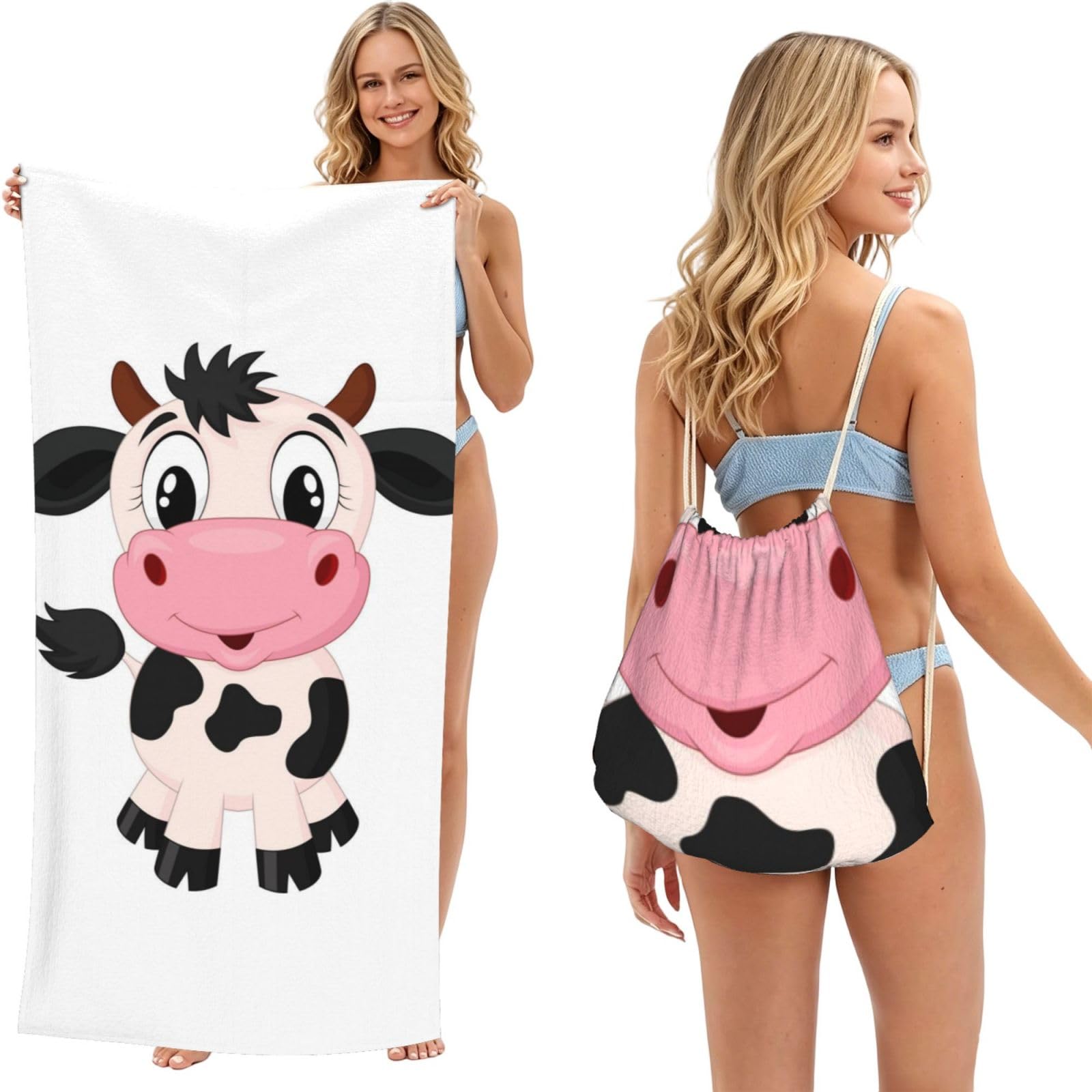 WSHFFILO Cartoon Milk Cow printed 2 in 1 Packable Towel Bag Bath Towel Beach Towel