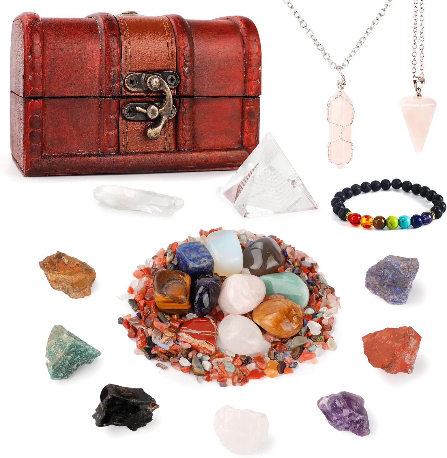 24Pcs Crystals and Healing Stones Set Include 14 Healing Chakra Stones, Natural Quartz Pendulum, Spiritual Crystal Necklace, Gift Wooden Box for Meditation, Yoga, Collection, Girlfriend, Lady