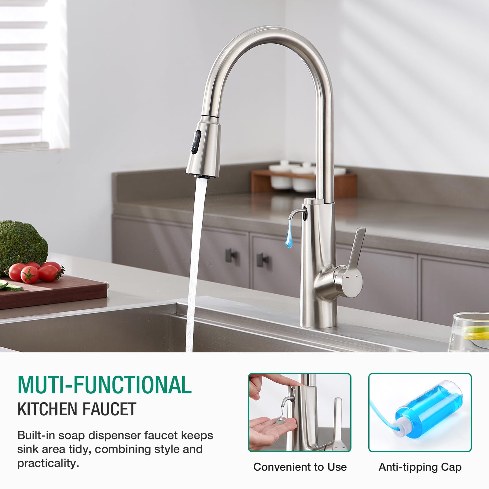 CREA Rubinetto da cucina dispenser di sapone da incasso, miscelatore da cucina con doccetta estensibile, rubinetto per lavello da cucina con 3 doccetta modalità, girevole a 360°, spazzolato
