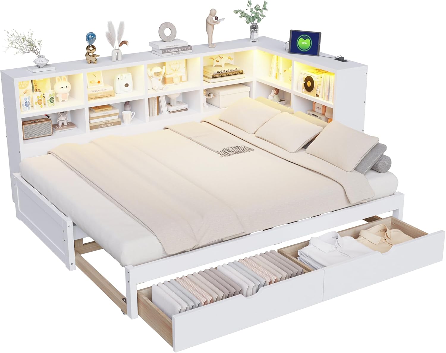 Wood Daybed Twin XL to King Size with 2 Storage Drawers and L-shaped Storage Cabinets, L-Shaped Corner Platform Bed Frame with LED Light and USB Ports for Office Living Room Bedroom (White-2.14)