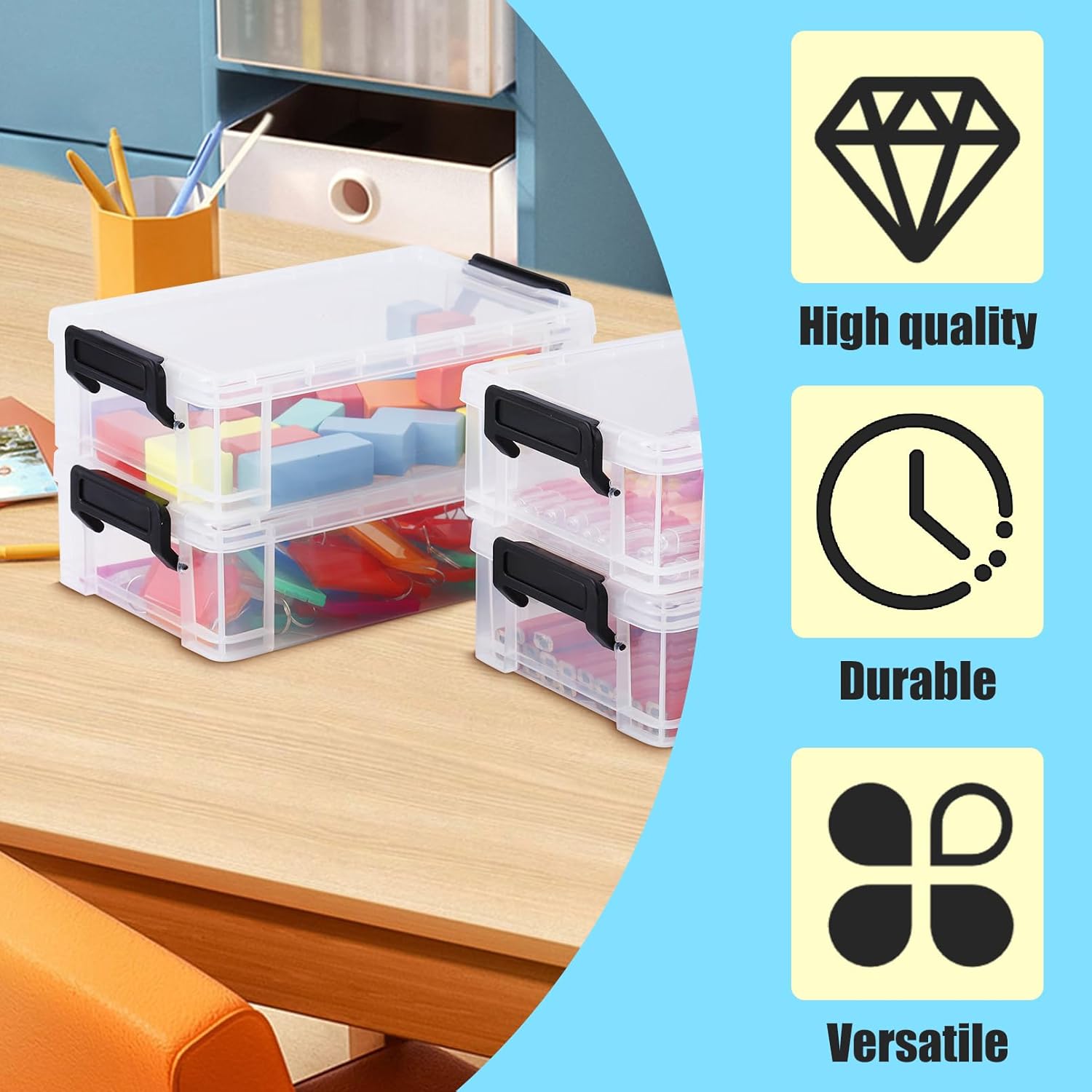 4 Pack Extra Large Pencil Boxes, Plastic Pencil Case with Latching Lid, Stackable Marker Organizer Container, Clear Storage Box for Gel Pens Crayon Office Art Supply