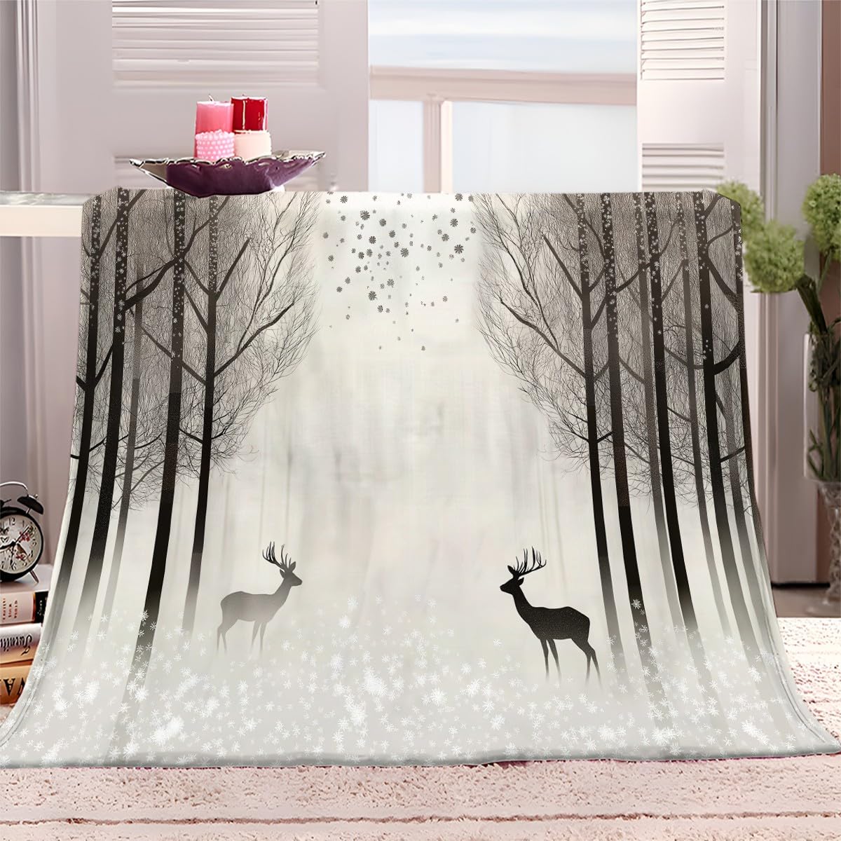 Throw Blanket 180x200 cm Animals Deer Trees Fluffy Blanket, Sherpa Fleece Blanket, Throw Blanket for Bed, Throws for Sofa, Soft Cozy Warm Winter Blankets