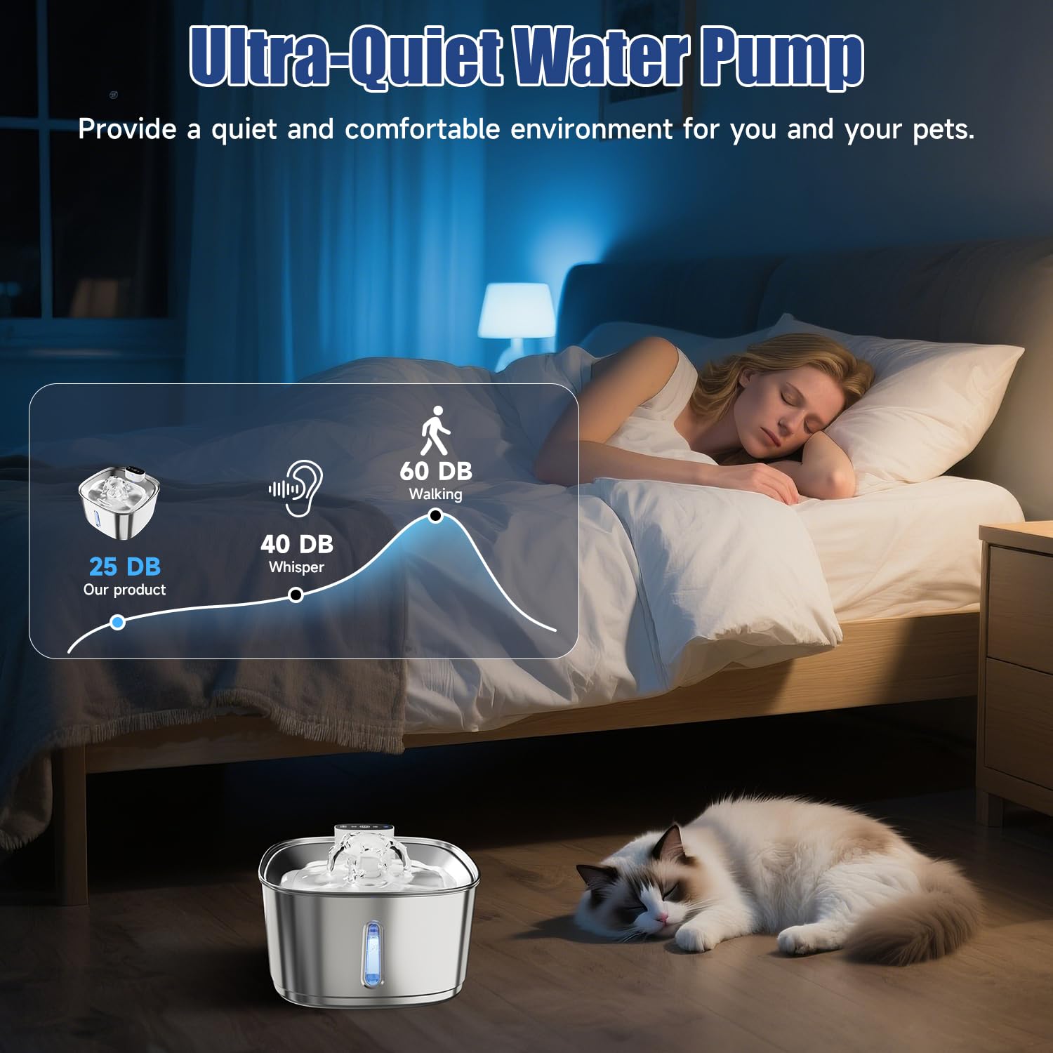 Fuente de agua para gatos de 3.2 L para beber con sensor de movimiento, fuente de agua de acero inoxidable para mascotas, dispensador de agua inalámbrico para perros, funciona con pilas y