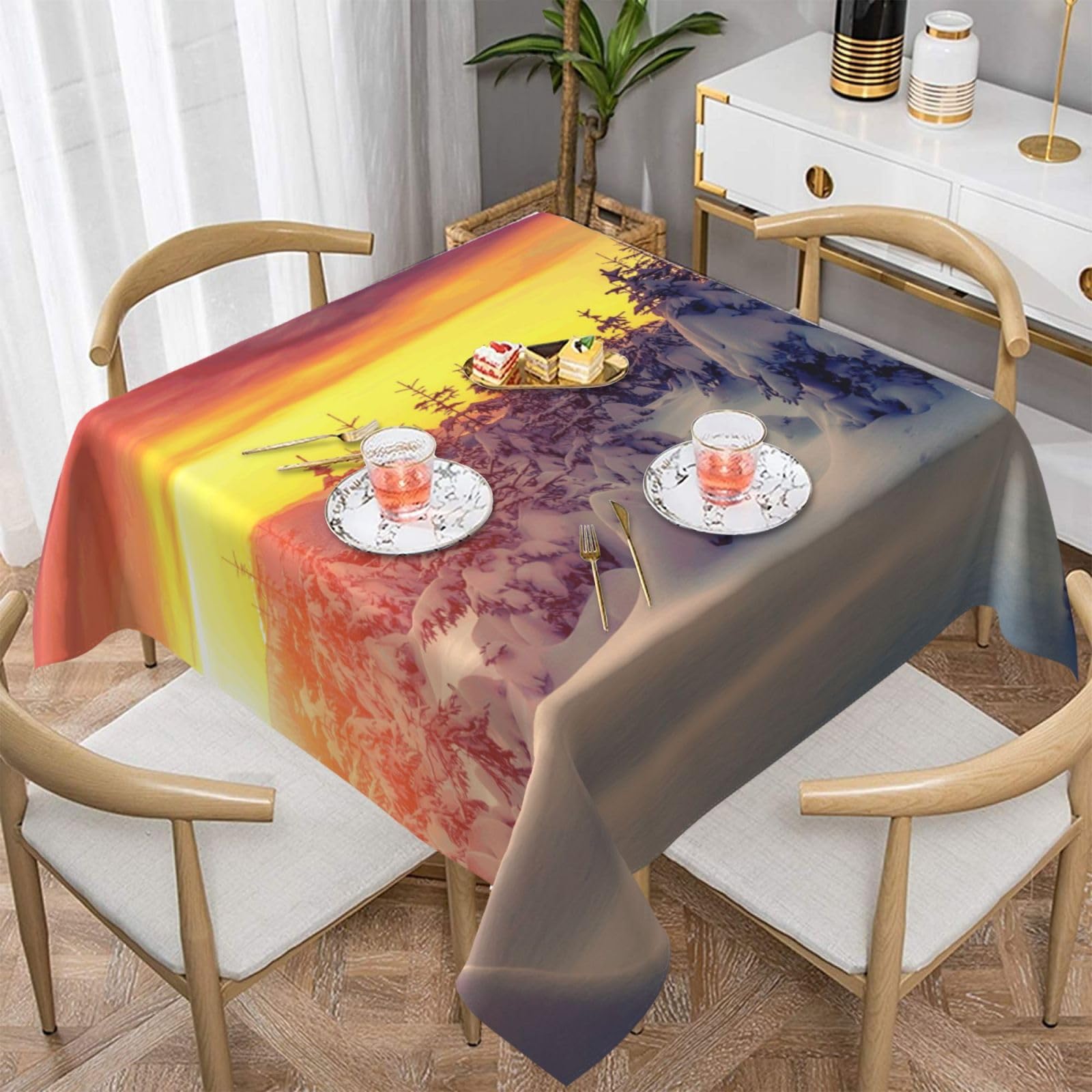 DCEHGEW Winter Snow Sunset Landscape Prints Square Tablecloth 152x152 CM, Waterproof Fabric Table Cloth for Dining Table, Farmhouse Table Cover for Kitchen Dining Tabletop Decoration