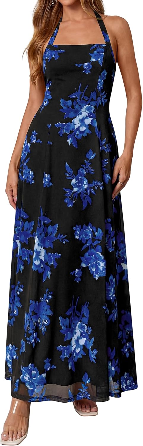 KIRUNDO Women's Summer Sleeveless Halter Floral Maxi Dress 2026 Beach Wedding Guest Cocktail Mesh Flowy A Line Long Sundress