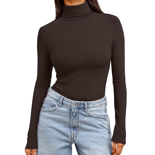 Trendy Queen Women's High Neck Long Sleeve Mock Turtleneck Plus Size Slim Fitted Pullover Stretch Tight Basic Layering Soft Thermal Underwear Shirts Aesthetic Fall Clothes Coffee
