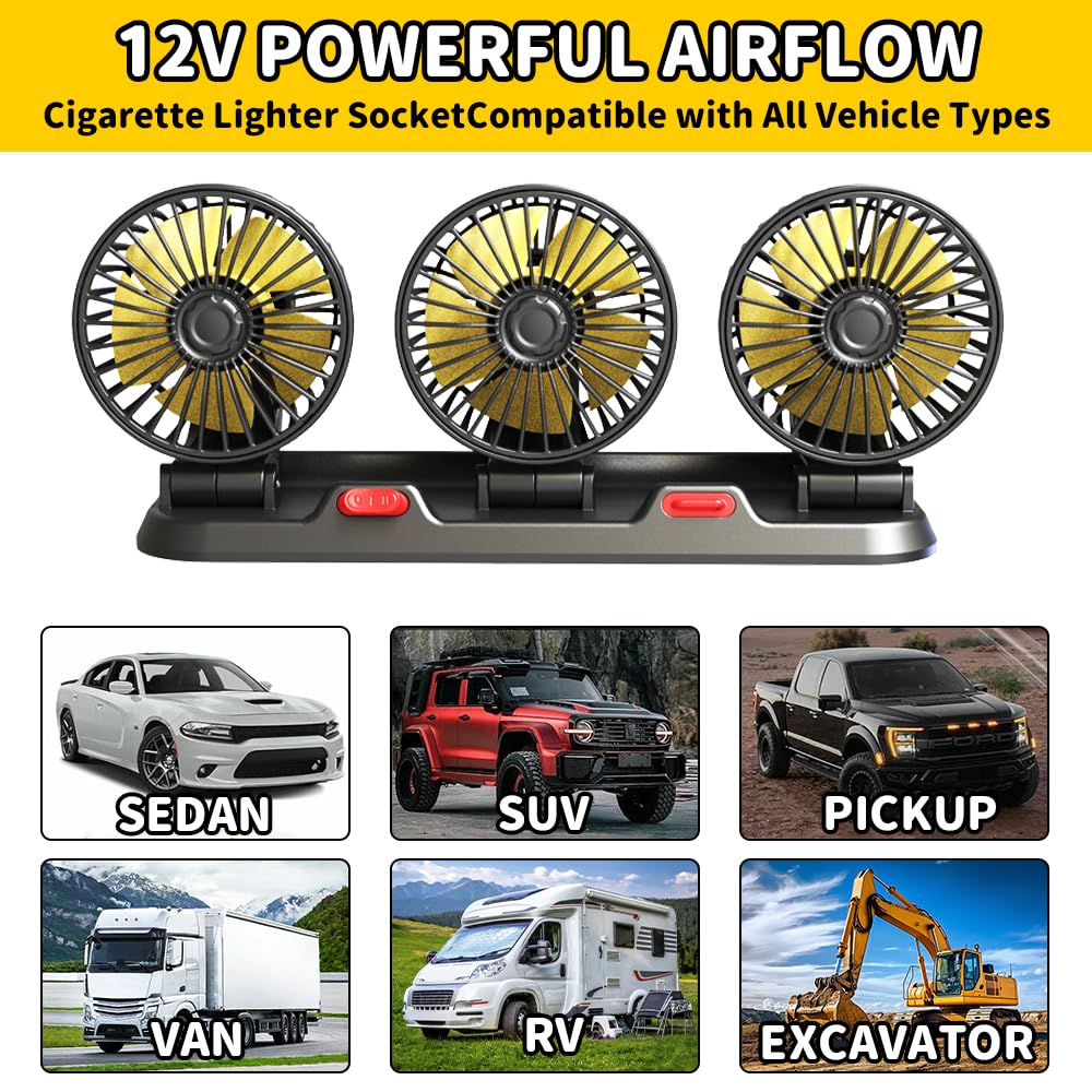 Ventilateur De Voiture, 12V Ventilateur Voiture Allume Cigare, Rotation à 360 Degrés Ventilateurs de Refroidissement Avec 2 Vitesses,Ventilateuren Portable Voiture pour Enfants,Animal Domestique