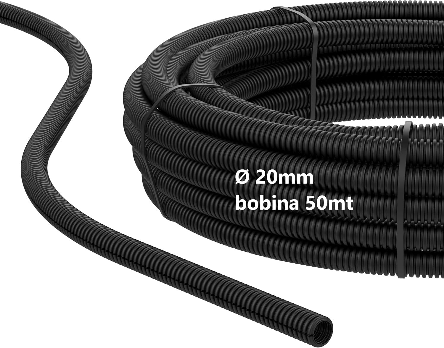 Tubo Corrugato Nero Diametro 20 mm 50M Flessibile Autoestinguente Resistente Pieghevole per Impianti Elettrici Passaggio e Protezione Cavi