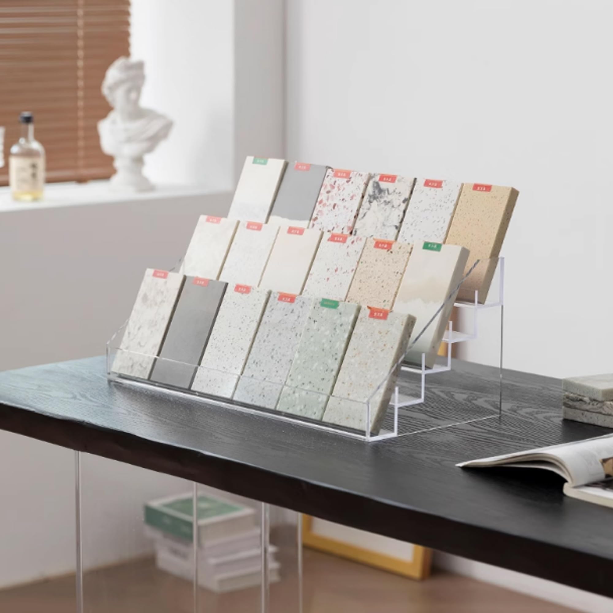 Generico Espositore in Acrilico autoportante per Piastrelle e Cosmetici, ripiano Trasparente per Campioni, 40x23x19,5 cm, Versatile espositore per smalti e Porta Campioni, Bianco