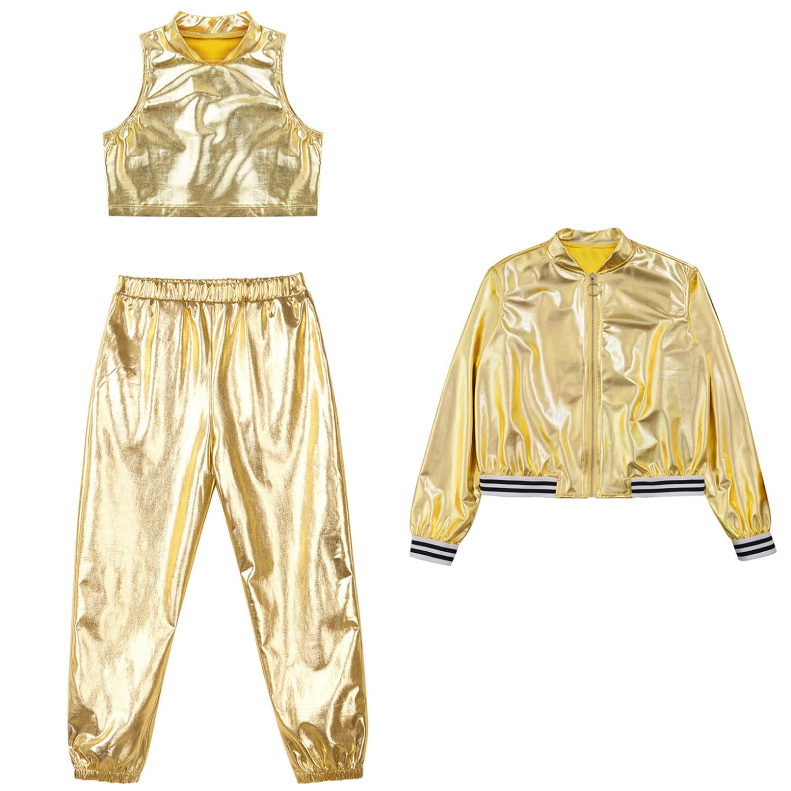 Freebily Tuta Sportiva da Ginnastica Artistica Bambina 3 Pezzi Completo Sportivo da Allenamento Ballo di Strada Danza Moderna Lucido Giacca Sportiva + Crop Top + Pantaloni