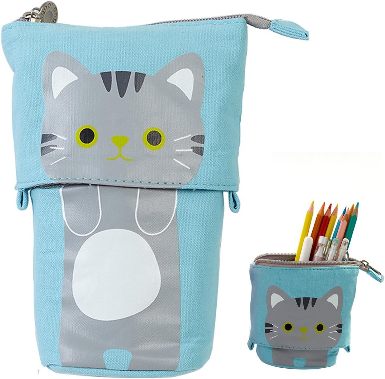 Telescopic Pencil Pouch Standing Pen Holder Cute Bags Stand Up Case Cartoon Storage Box Canvas+PU Stationery Organizer Makeup Bag With Zipper Closure (Blue)
