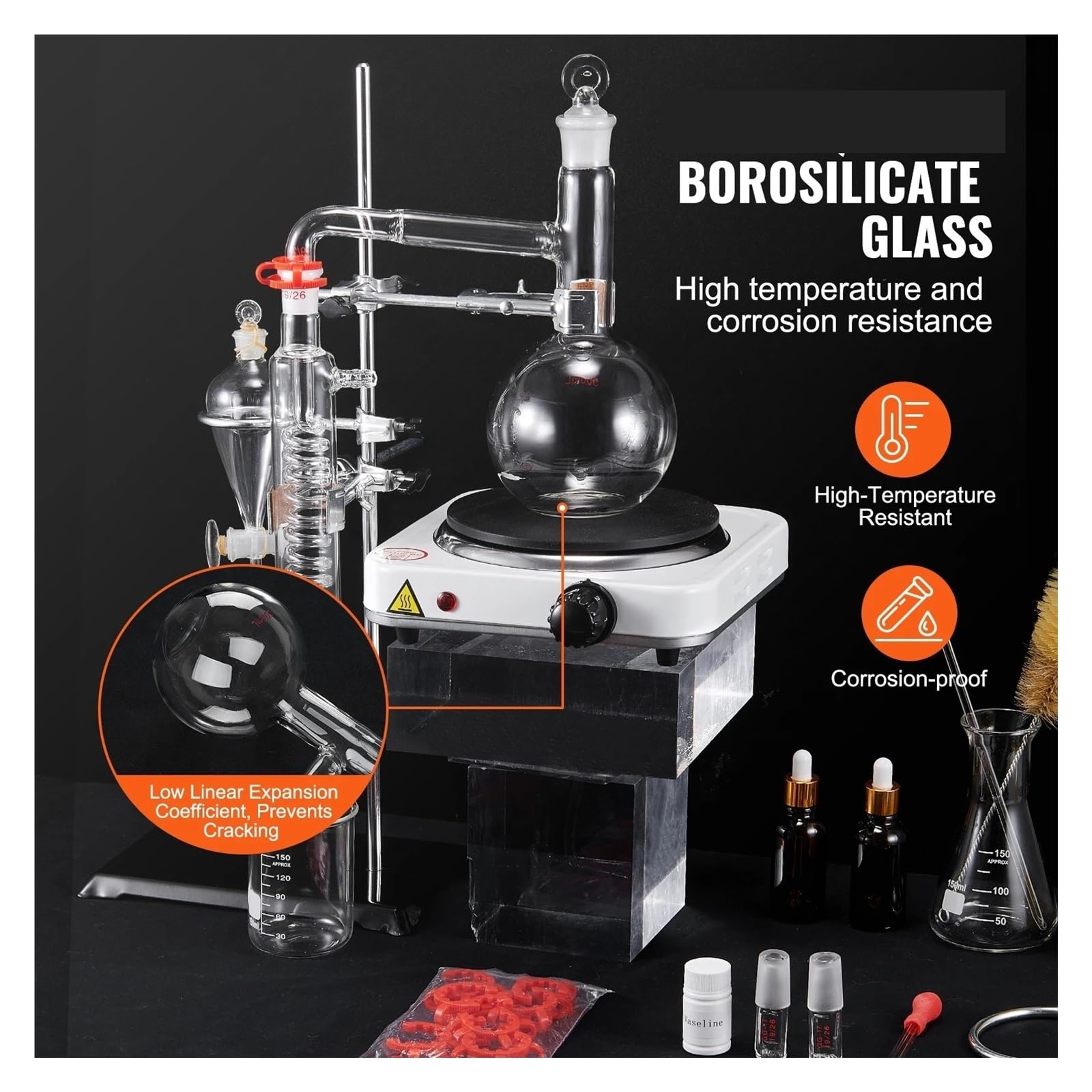 Destillationsset For Ätherische Öle, 500 Ml, 2-Liter-Destillationsgerät, 3. Glaswaren-Destillationsset Mit Heizplatte Stabile Rotation