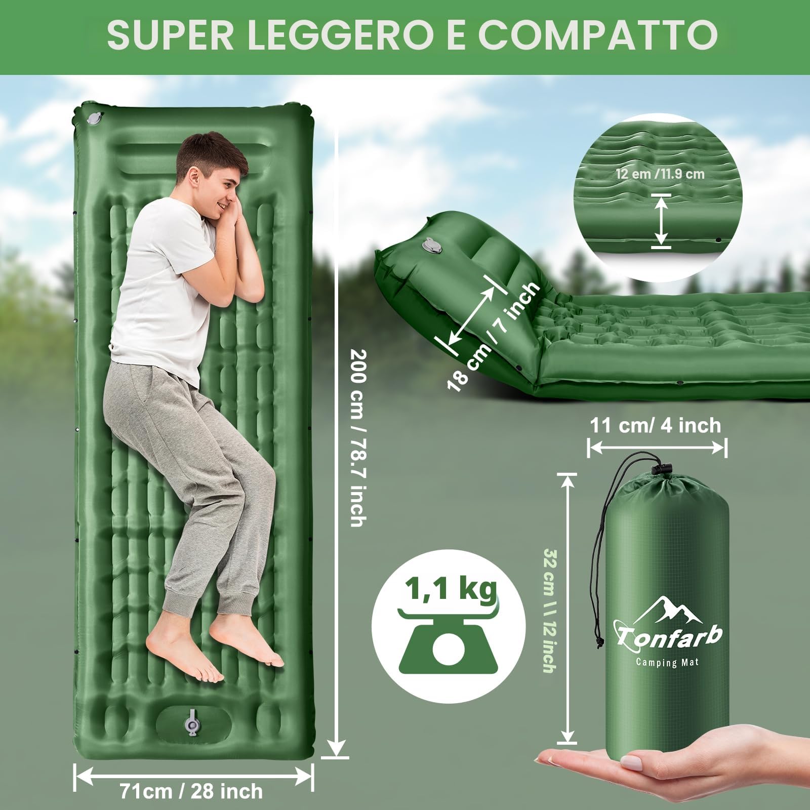 Tonfarb Materassino Campeggio con Pompa a Pedale, 12cm di Spessore Materassini Campeggio Gonfiabile con Cuscino, Impermeabile Ultraleggero Materassino per Backpacking, Viaggio, Campeggio, Spiaggia