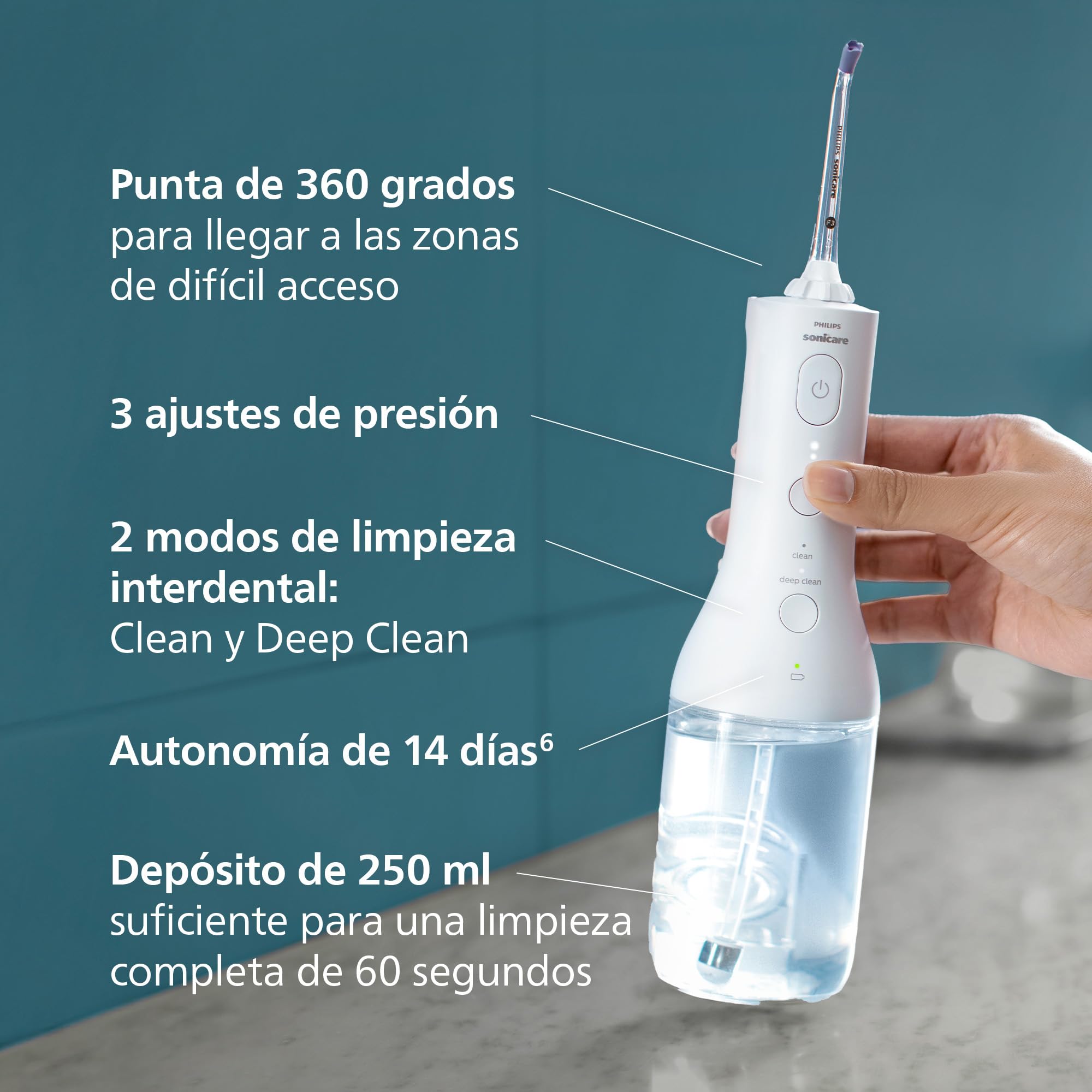 Philips Sonicare Power Flosser 3000 Irrigador oral sin cable Quad Stream Pulse Wave HX3826/31 Negro