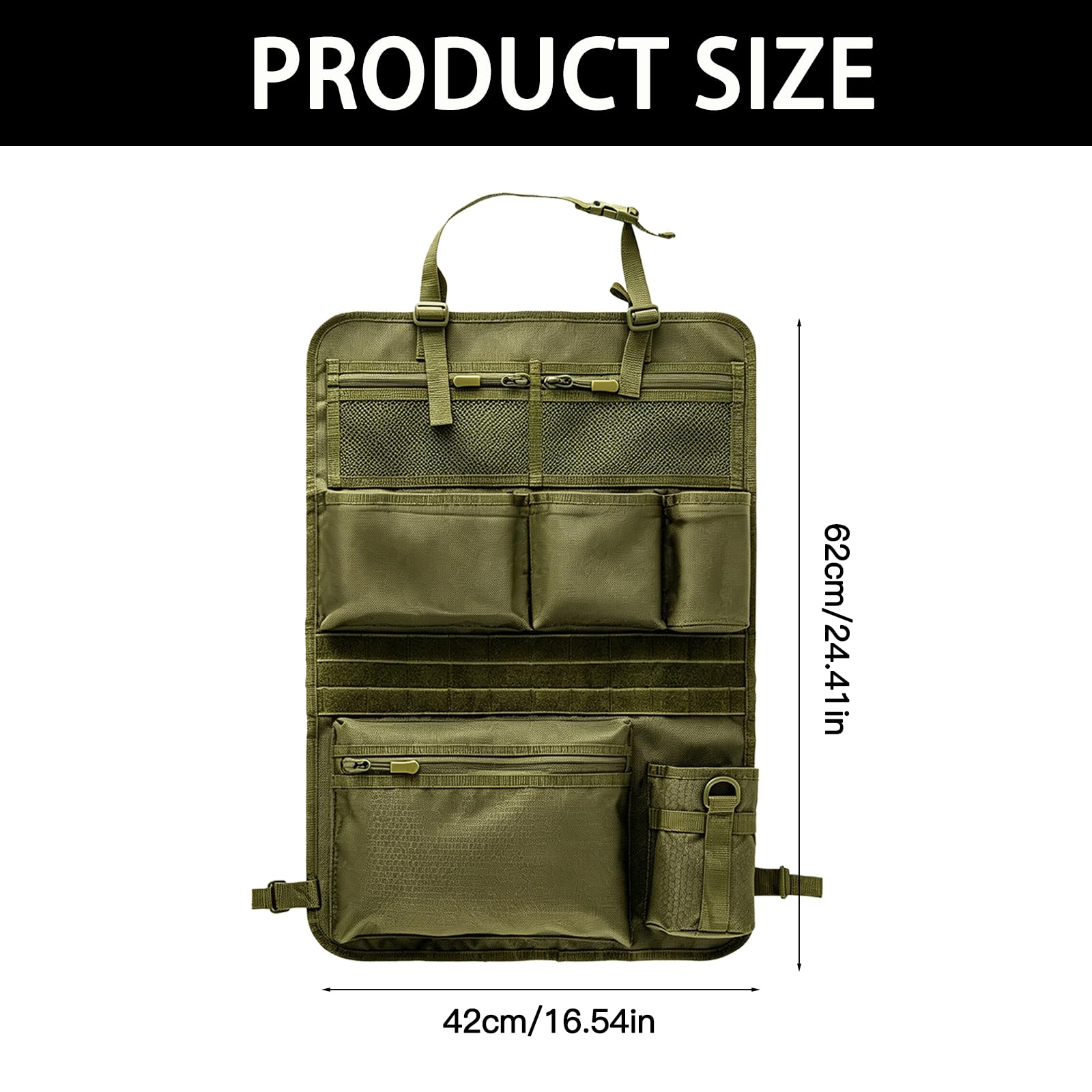 Taktischer Autositz Organizer Rückenlehne 42×62 cm, Auto Sitz Organizer mit MOLLE System, Rückenlehnenschutz mit Taschen, Netztaschen & Becherhalter für SUV, Jeep, Reisen, Camping (Grün)