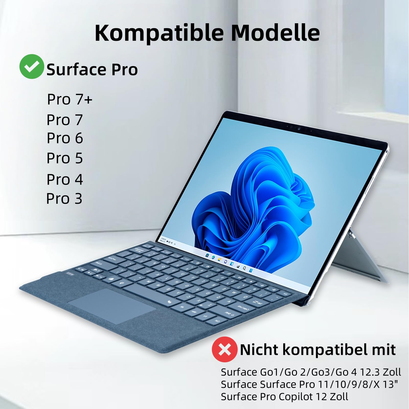 Deutsche QWERTZ Layout Tastatur für Microsoft Surface Pro 7+/7/6/5/4/3, 12.3 Zoll - Ultraflaches, beleuchtetes Bluetooth Type Cover mit Multi-Touchpad, aufladbar (Kobaltblau) - 2