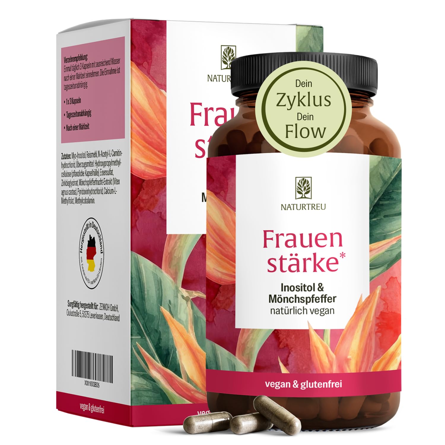 NATURTREU® Myo Inositol & Mönchspfeffer hochdosiert - 90 Frauen Vitamine Kapseln mit L-Carnitin, Folsäure, B12 & Eisen - Vitex Agnus Castus