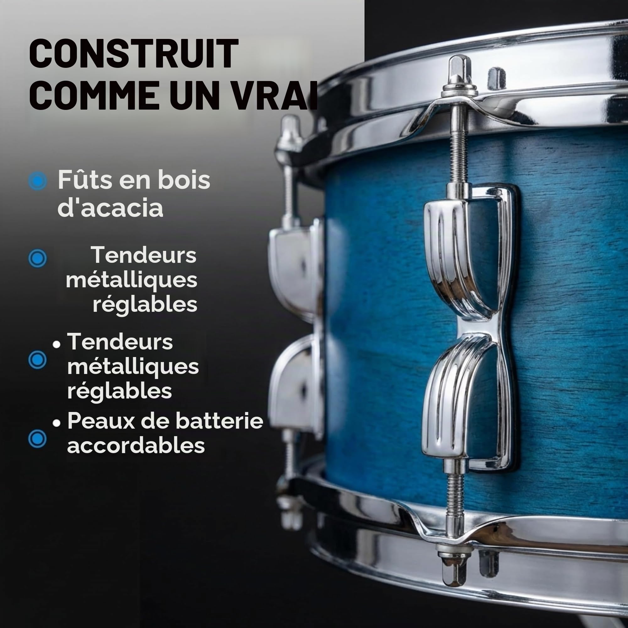 Music Alley Batterie Enfant 3 Pièces avec Tabouret et Cymbale, Bleu | Kit batterie musique junior avec grosse caisse, caisse claire, tom, cymbale, pédale et baguettes pour enfants débutants