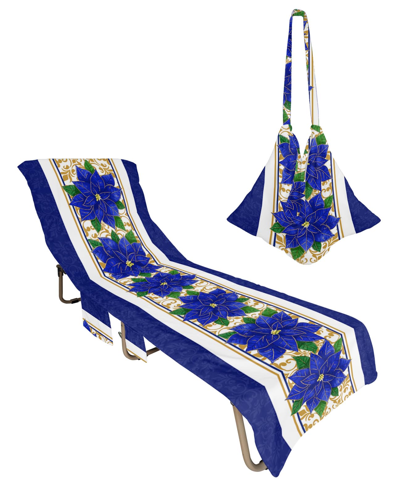 Blue Poinsettia Christmas Beach Lounge Chair Towel Cover, Soft Chaise Lounge Towel with Side Pockets Patio Pool Chairs Cover for Beach/Pool Sunbathing 29x85 Xmas Botanical Floral