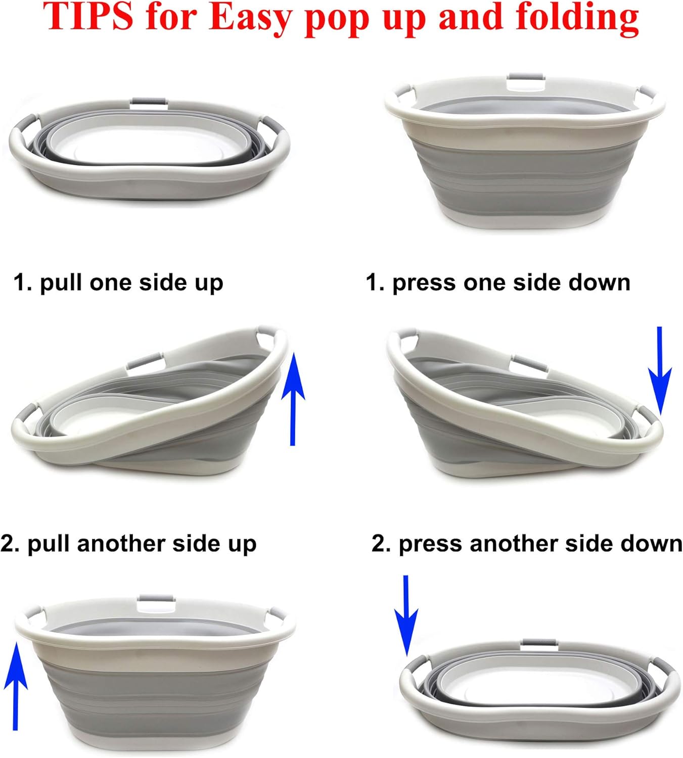 SAMMART 57L (15 Gallons) Collapsible 3-Handled Plastic Laundry Basket - Oval Tub - Portable Washing Tub-Space Saving Laundry Hamper, Water Capacity 44L / 11.6 Gallon (1, Grey)