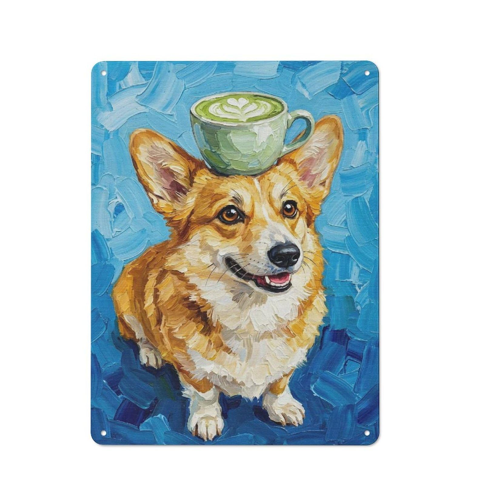 Junmoney Style-13 Corgi With Matcha Latte Hat Tin Wall Sign 40X30cm, Country Style Bistro Wall Plaque For Coffee Bar, Kitchen, Bistro Or Tea Corner