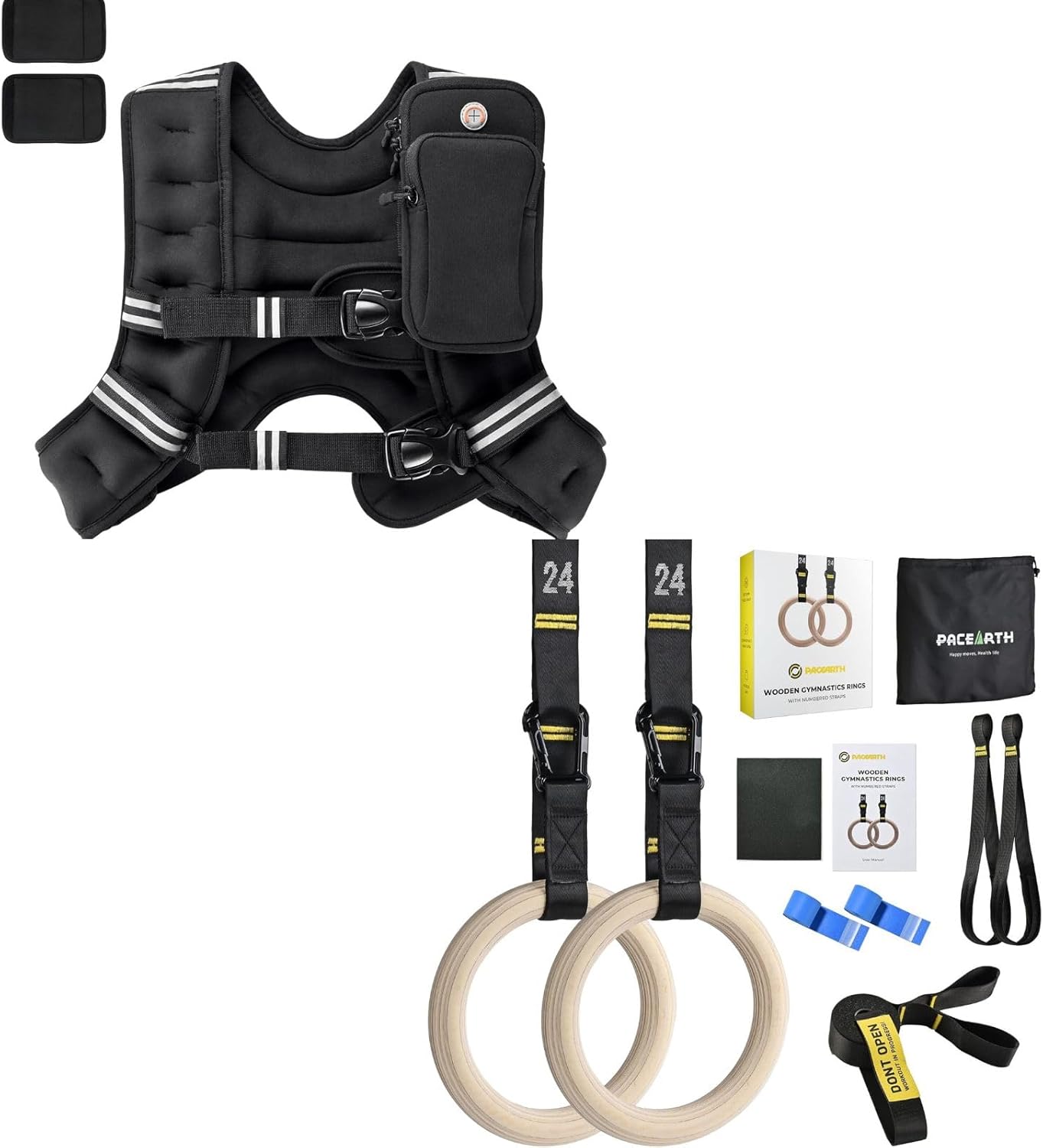 PACEARTH Gymnastics Rings 32mm Wooden Olympic Rings and PACEARTH Weighted Vest,