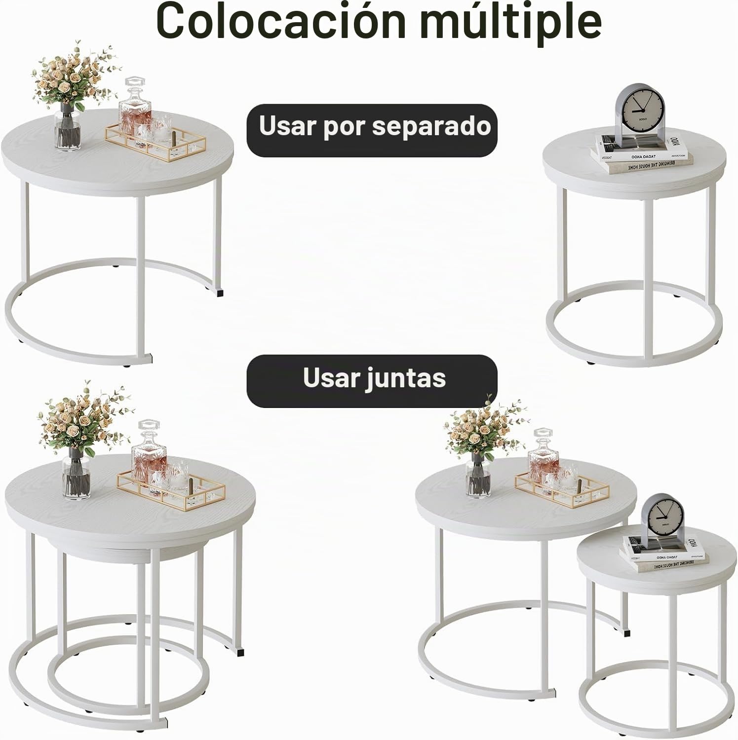 Huhote Juego de 2 mesas auxiliares redondas, mesas auxiliares, mesa auxiliar con marco de metal para sala de estar/dormitorio/balcón/oficina/apartamento, diámetro de 23.6/15.7 pulgadas (marco blanco