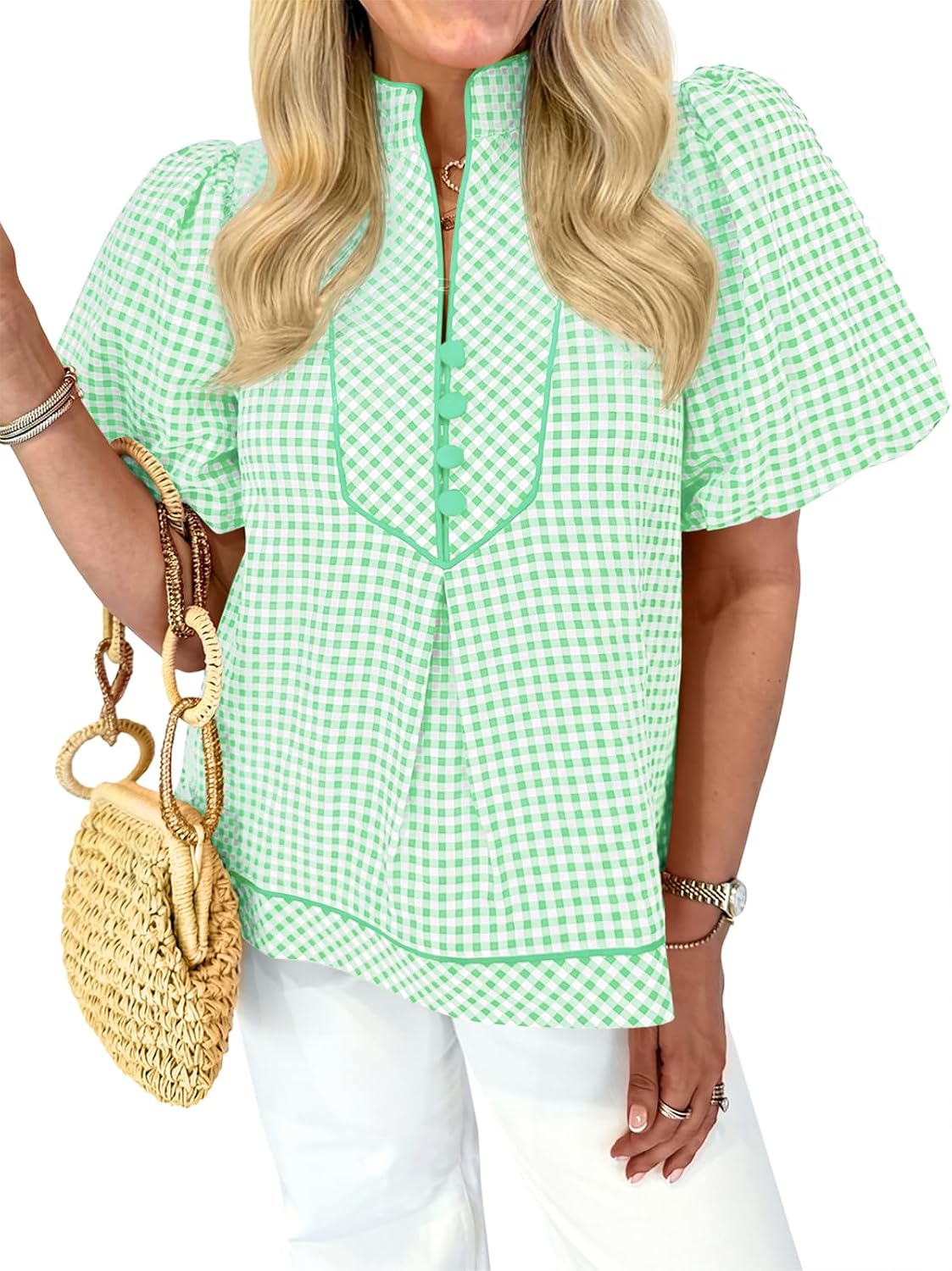 Tankaneo Womens Puff Short Sleeve Blouse Gingham Button Shirts V Neck Tops