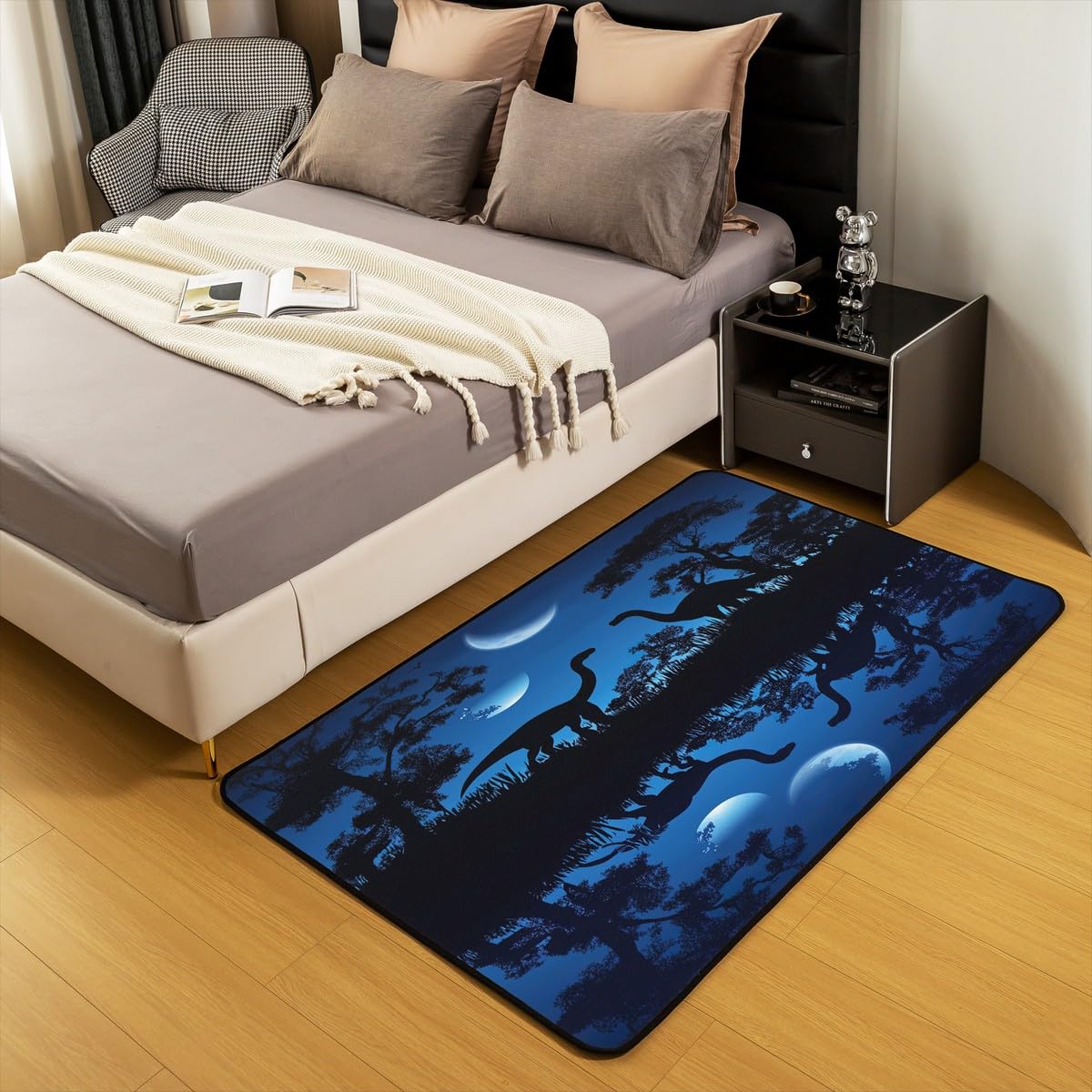 Homemissing Dinosaurier Teppich 100x150cm Für Kinder Jungen Mädchen 3D Dino Drucken Modern Teppich Ultrar Dschungel Dino Wohnzimmerteppich Wildes Tier Küchenteppich Mondlicht in der Nacht