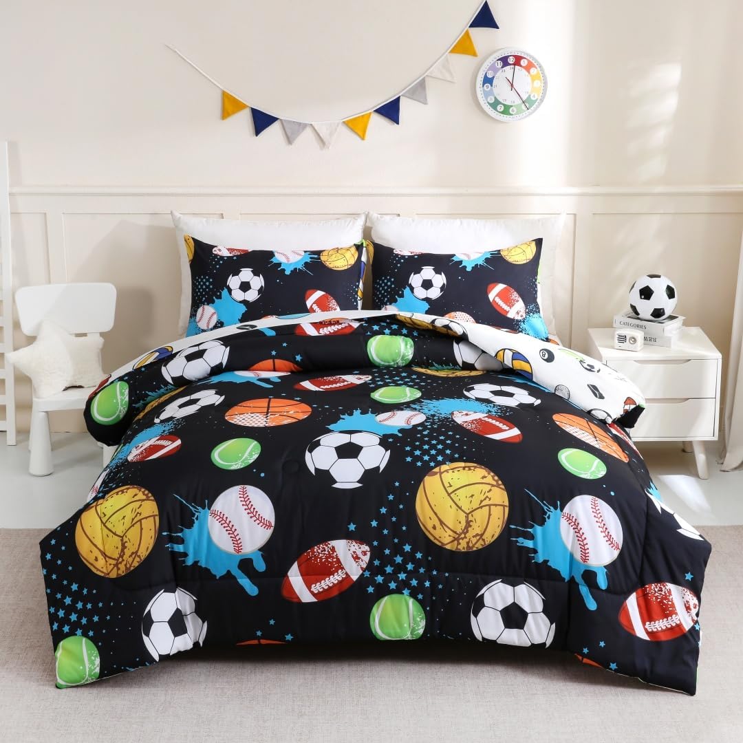 5Pcs Bed in A Bag Full Black Sports Comforter Set Baseball Football Soccer Basketball Bed Sets Reversible Design Bedding Sets with Sheet Set for Kids Boys