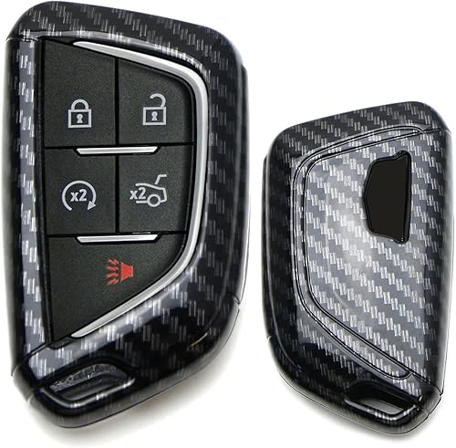 iJDMTOY Carcasa para llavero con patrón de fibra de carbono negro brillante con borde cromado compatible con Cadillac CT5 CT6 XTS XT4 XT5 ATS 2020