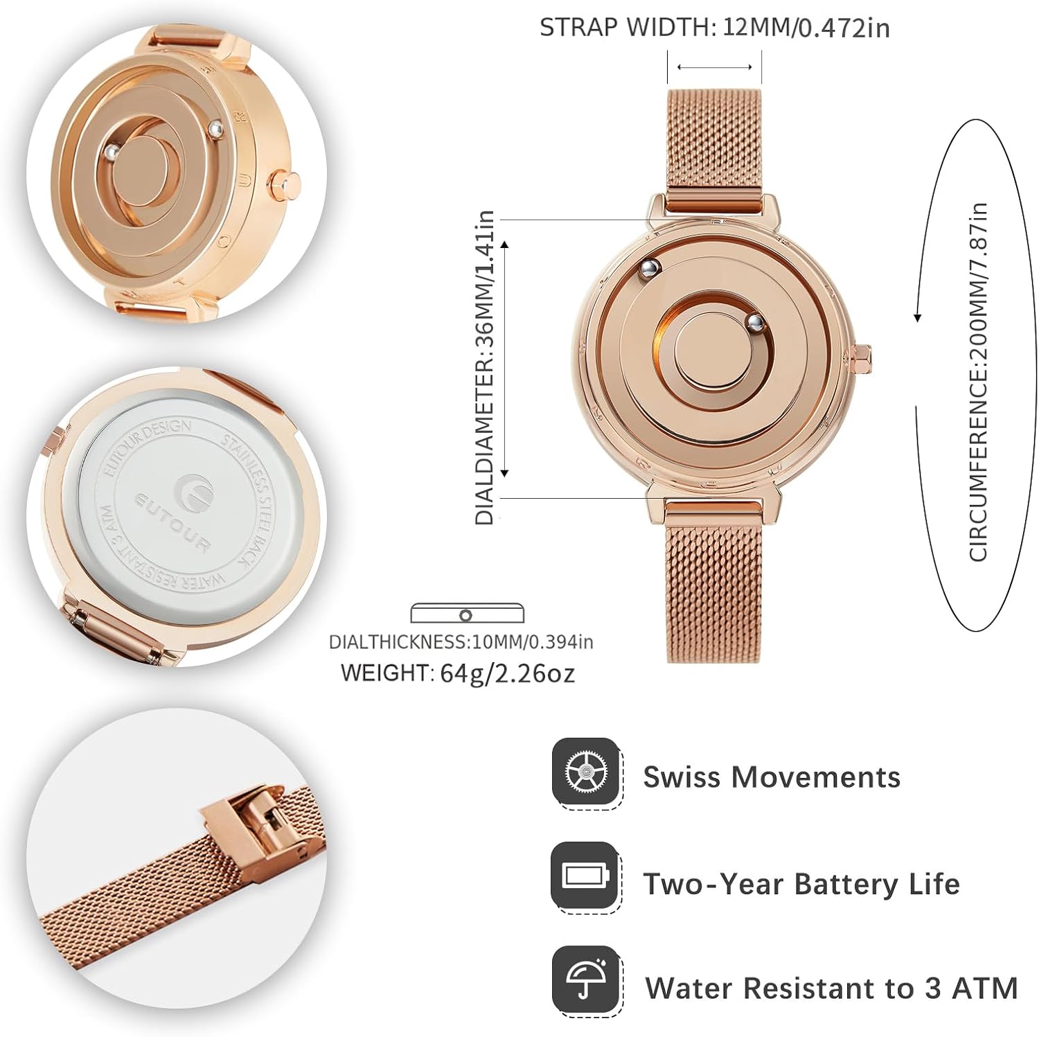 EUTOUR Ologio Donna Magnetico Lusso Fashion Nessun Vetro Cuscinetto a Sfera Quarzo Orologi da Polso da Donna 36mm EUTOUR Ologio Donna Magnetico Lusso Fashion Nessun Vetro Cuscinetto a Sfera Quarzo Orologi da Polso da Donna 36mm