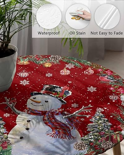 Miniatura 3 de Mantel redondo ajustable con diseño de muñeco de nieve de Navidad, diseño de corona de árbol de Navidad rojo con borde elástico, mantel impermeable