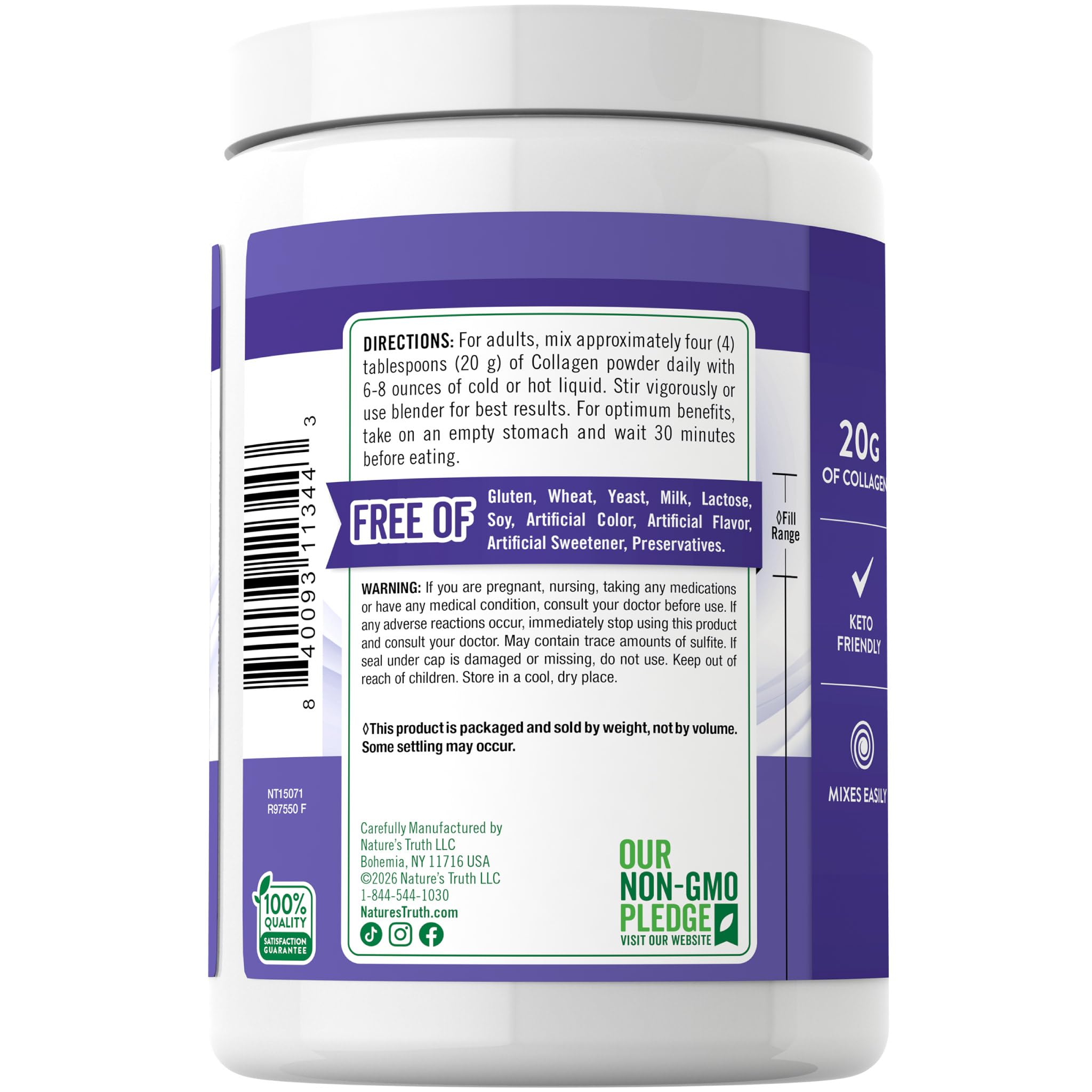 Polvere proteica multi collagene | Tipi I, II, II, V e X | Collagene idrolizzato di bovini, pesci, pollo e guscio d'uovo | Nature's Truth | 10 tipi di collagene | Non aromatizzato | Integratore Keto Friendly, non OGM e senza glutine