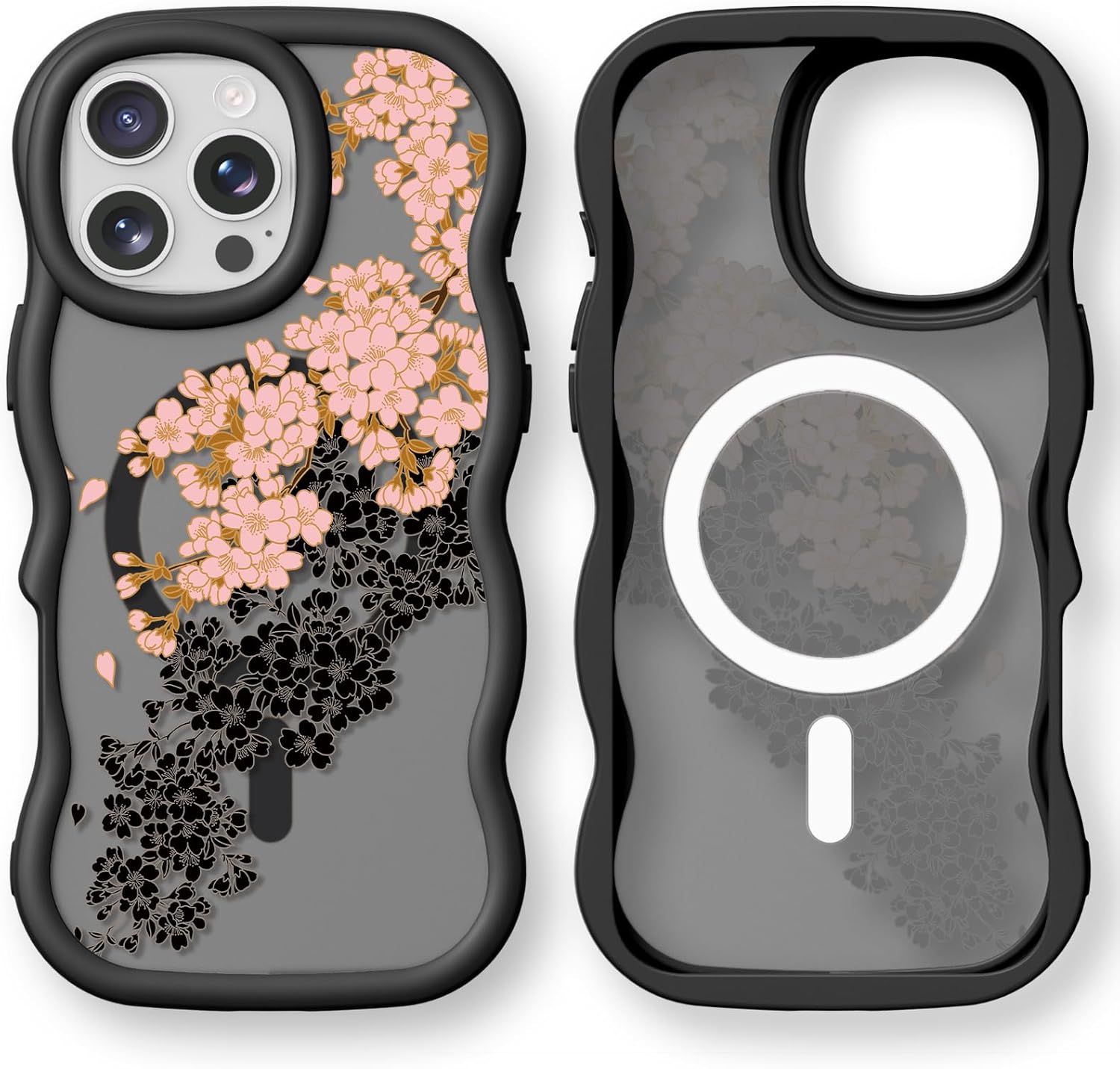 Bouvardia for iPhone 16 Pro Max Case - Black Wavy Shockproof Frame & Cherry Blossom Floral Pattern - Compatible with Magsafe - Anesthetic Cute Design for Women and Girls iPhone 16 Pro Max Cherry Blossom Pink