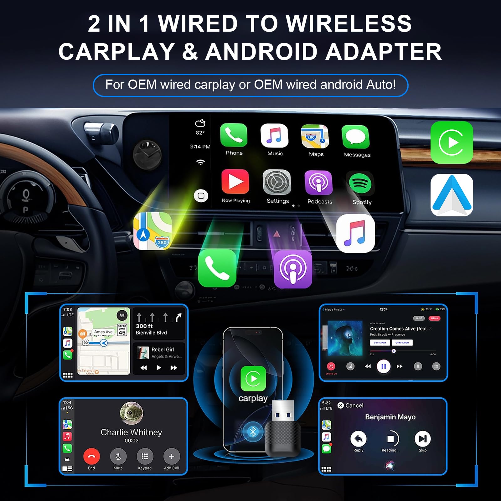 DUAIU Wireless CarPlay Adapter for iPhone & Android Auto – Mini Plug & Play Car Play No Delay, Dual-Band 2.4G/5G, Auto Reconnect, Converts Wired to Wireless for 2018+ Cars, USB-A & USB-C - 2