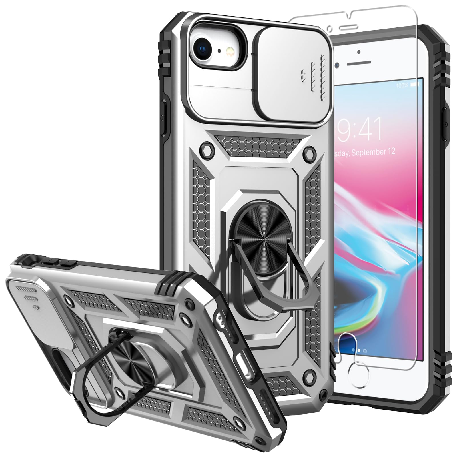 SKMY for iPhone SE /3rd/2020/2022/ 8/7 Case,with Screen Protectors and Camera Cover,[Military Grade] 16ft.Drop Tested Cover with Magnetic Kickstand