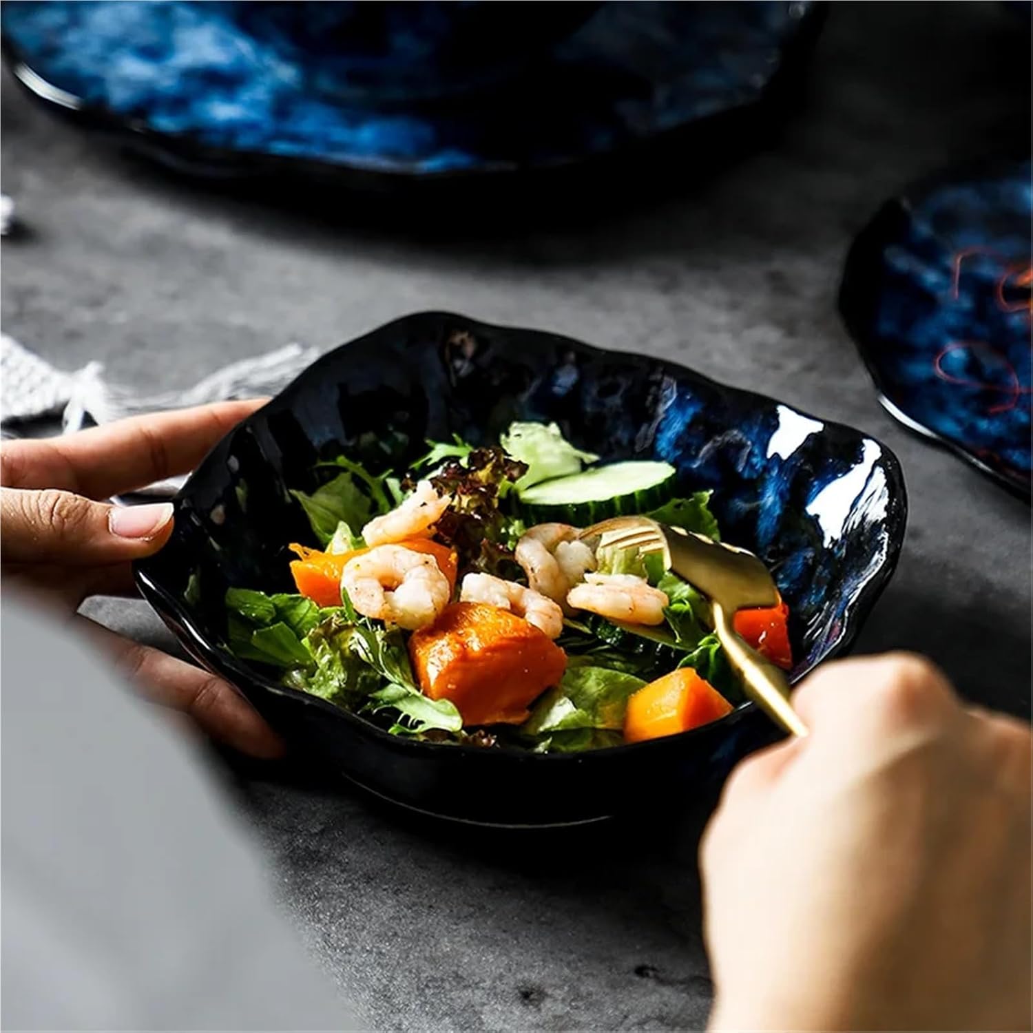 Ceramic Dinnerware Set, Blue Japanese Retro Kiln-Change Plates & Bowls for Dining(10.2 inch)