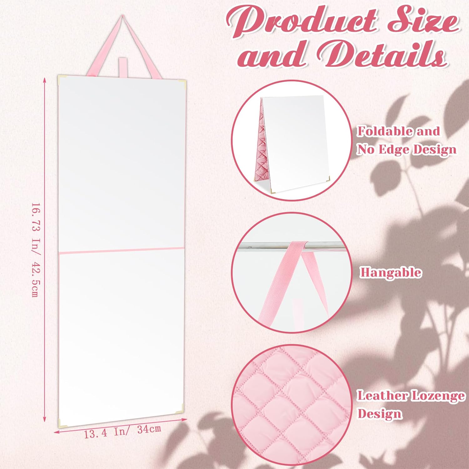 Condition photo showing Good Condition for chunful frameless foldable full length backstage makeup mirror with handle 33.5 x 13.4 inch folding hanging mirror rectangular for travel dance bag home fitness spa gift(pink,leather,bright)
