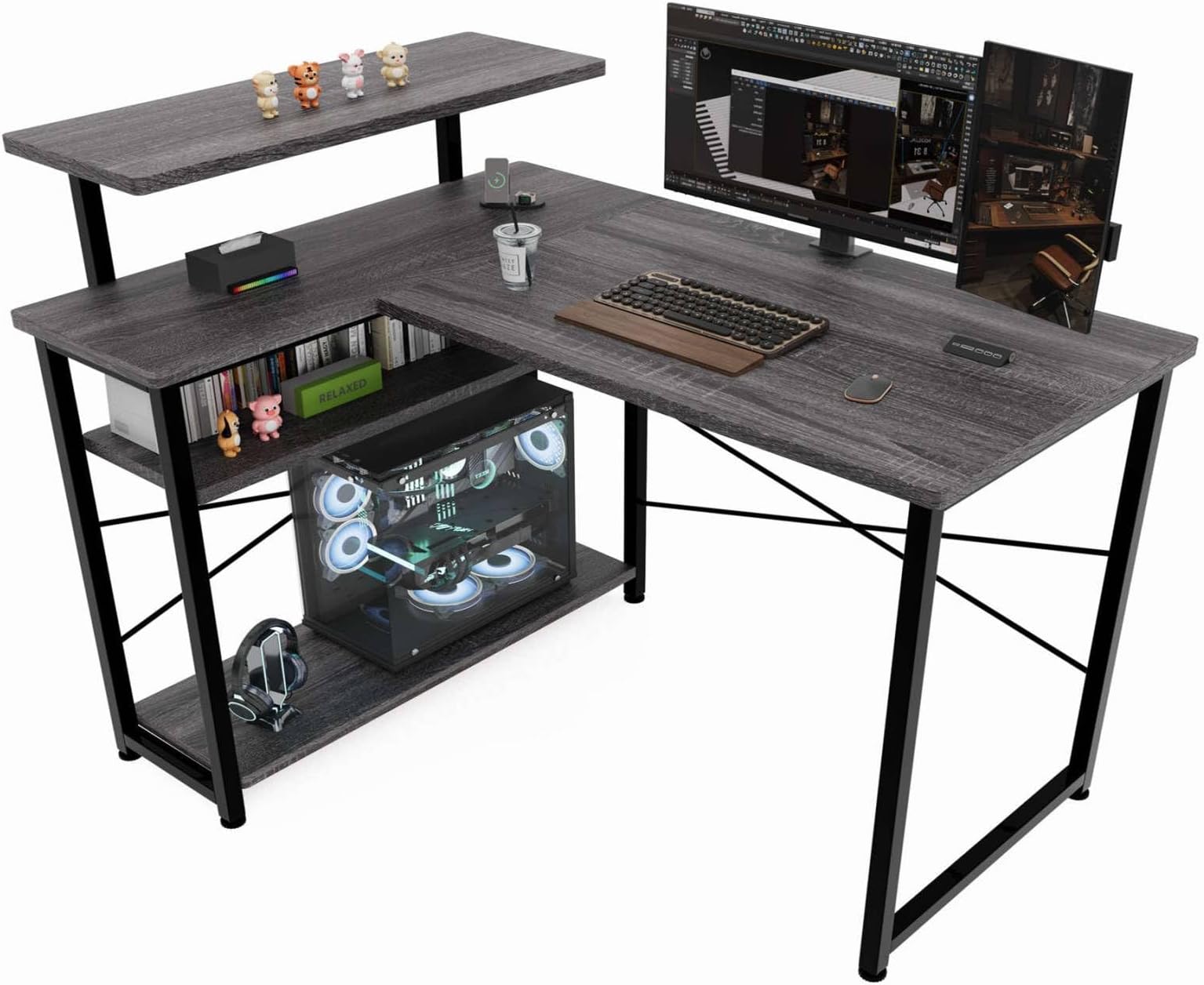 ZXD Computer Desk, L-Shaped Gaming Desk, Width 51.2 inches (130 cm), L-Shaped Desk, PC Desk, Desk with Rack, Storage, Corner, Office, Work from Home, Study, Gray
