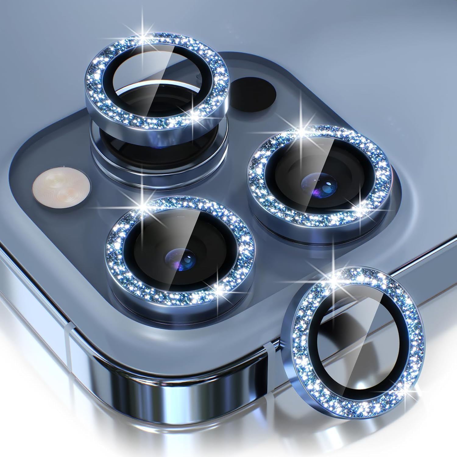 Diamond Camera Lens Protector Compatible With iPhone 11 Pro/11 Pro Max and iPhone 12 Pro Max Plus 9H Tempered Glass Camera Cover Screen Protector Metal Ring Decoration Accessories – Blue