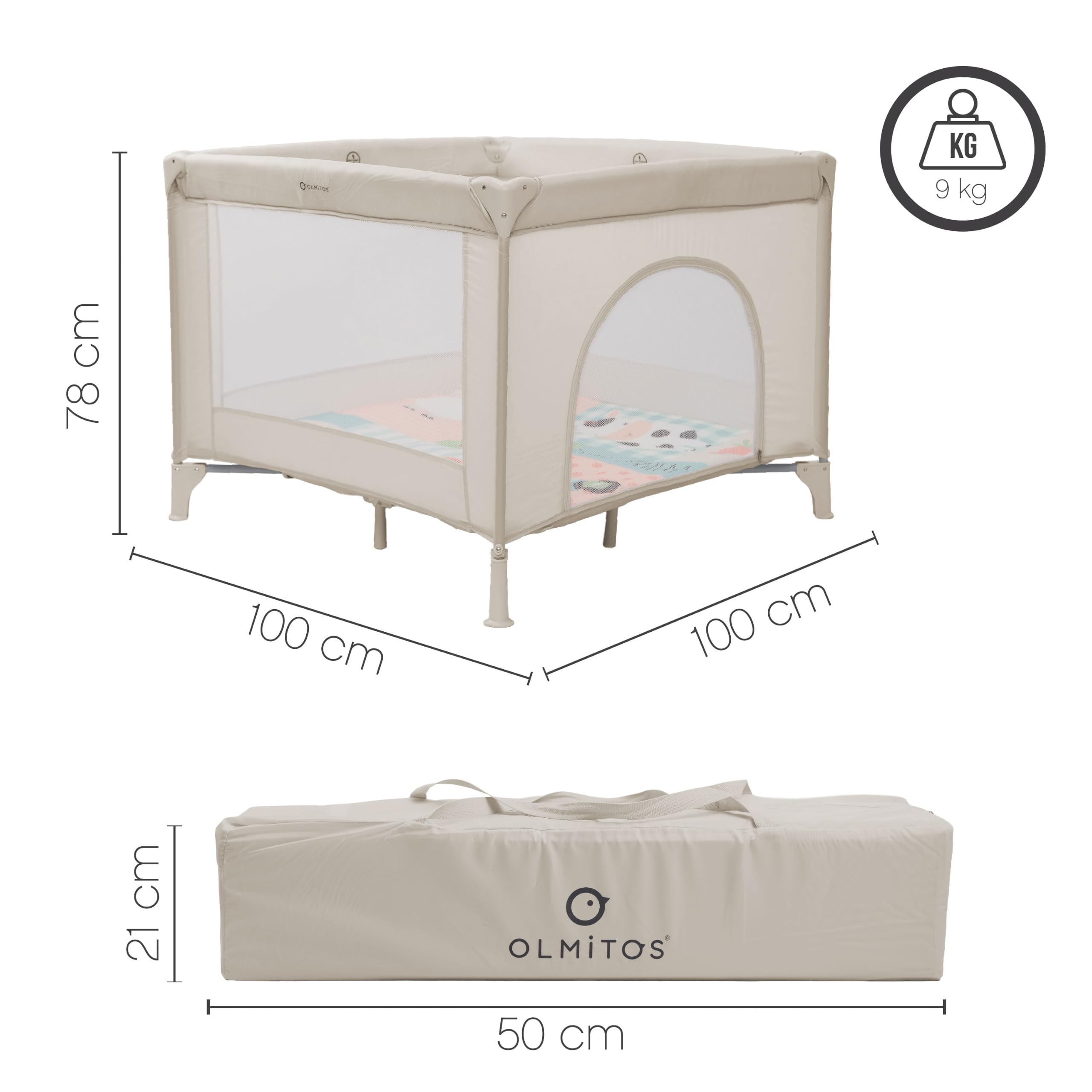 Olmitos Parque Infantil Bebé Cuadrado 100x100 cm | Parque de Juegos con 4 Lados de Red, Plegado Fácil y Puerta de Cremallera, Desde Nacimiento hasta 15kg | Incluye Bolsa y Mosquitera