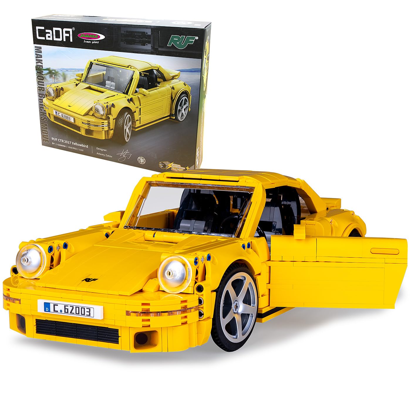 JAMARA 402854 CADA RUF CTR 2017 Yellowbird 1:12 Bricks, Spielzeugauto, Sport Rennwagen für Kinder ab 8 Jahre, Set aus Klemmbausteinen, Geschenkidee für Kids, Türen manuell