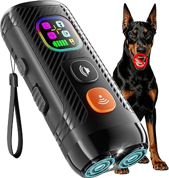 Dog Bark Deterrent Devices, Anti Barking Device for Dogs Dual Ultrasonic Fixed 25 kHz/Adaptive 20-30 kHz, Up to 50 FT Bark Control, Humanely Stops Neighbors & Own Dog Barking Black