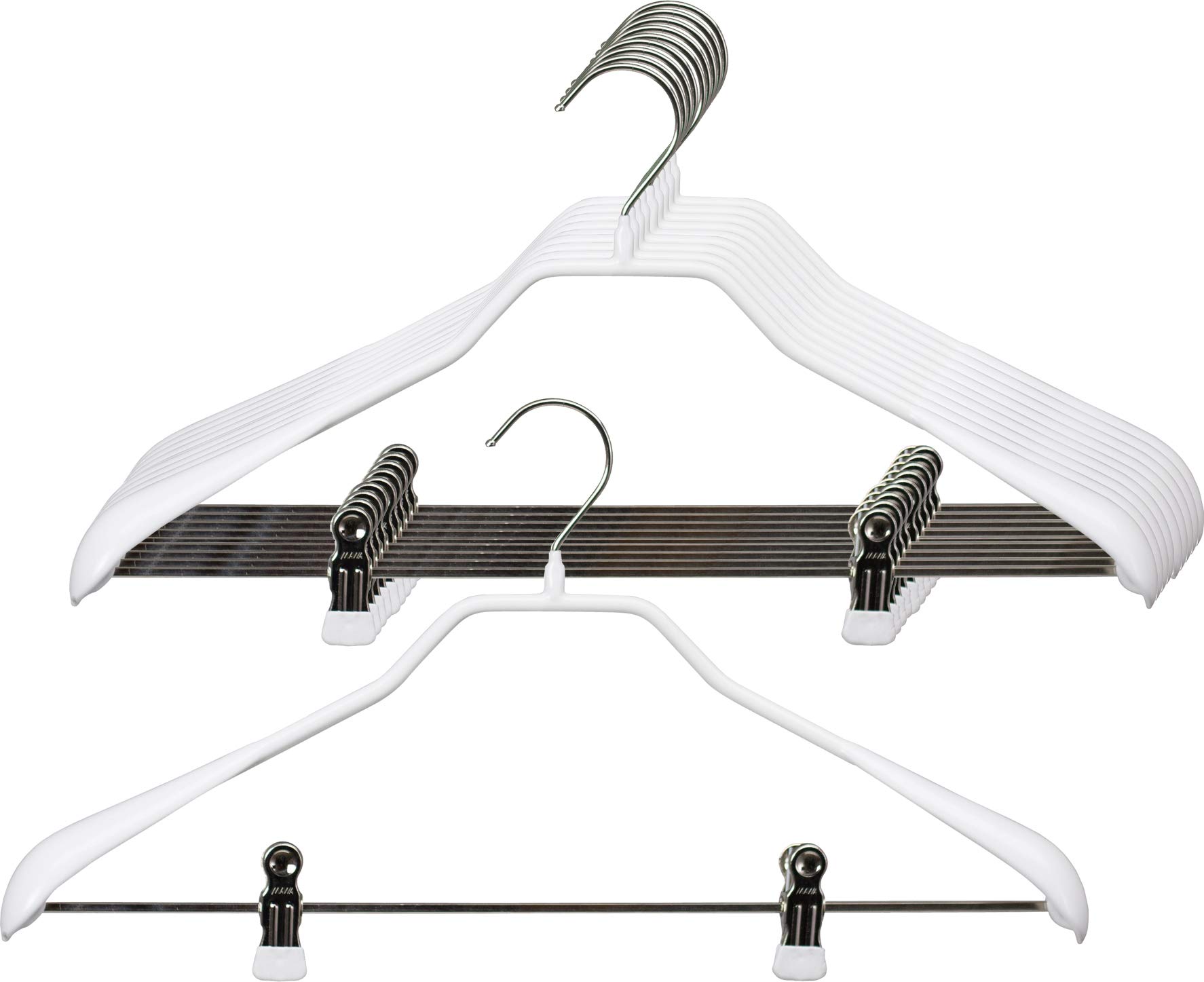 MAWA Universalbügel, 10 Stück, Universalbügel mit Klammernsteg für T-Shirts, Hosen, Röcke und Tops, drehbarer Euro-Haken, hochwertige Antirutsch-Beschichtung, 42 cm, Weiß