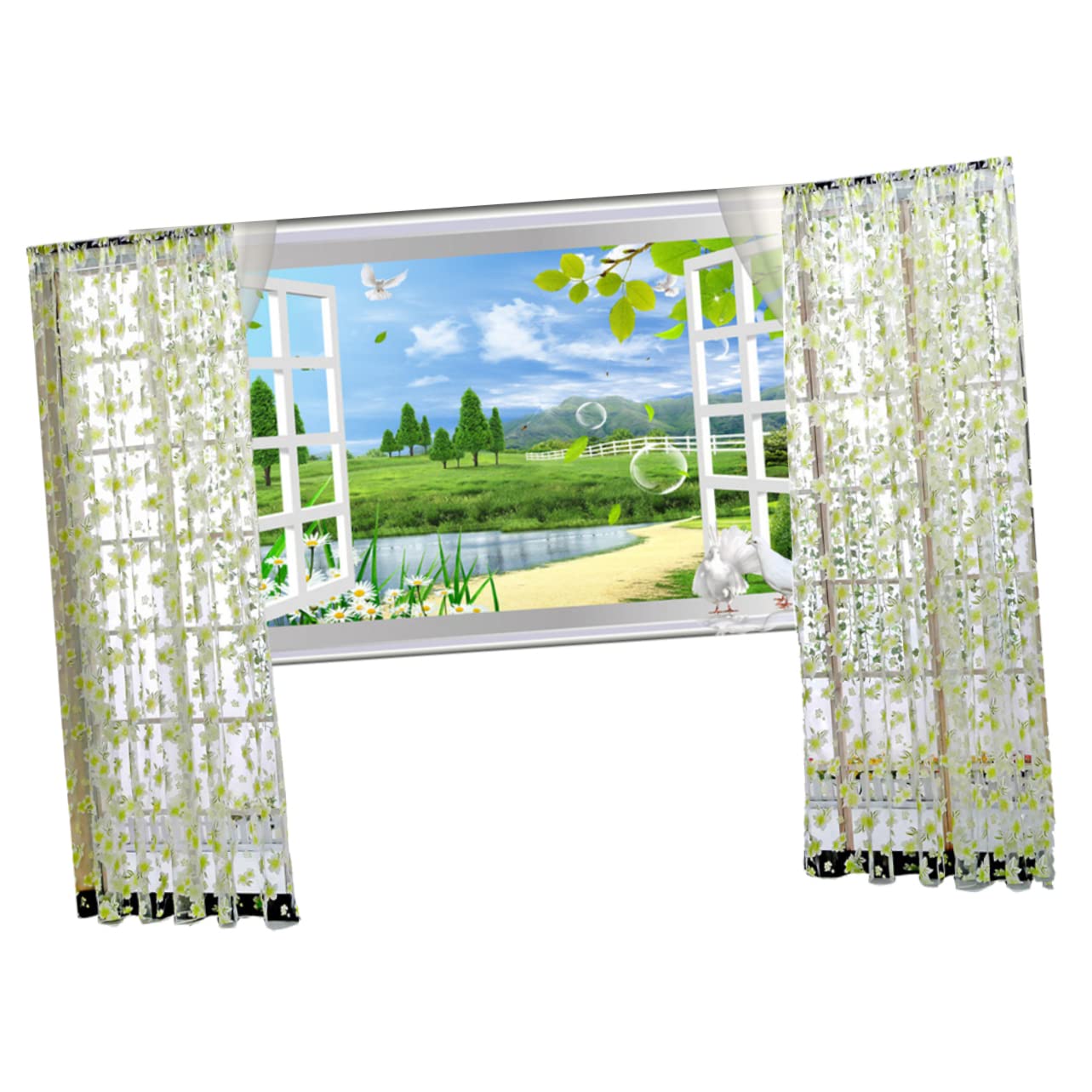 Veemoon Green Floral Curtains Dacron Material Elegant Style Easy to Hang Net Curtains Panels for Office and Study Windows