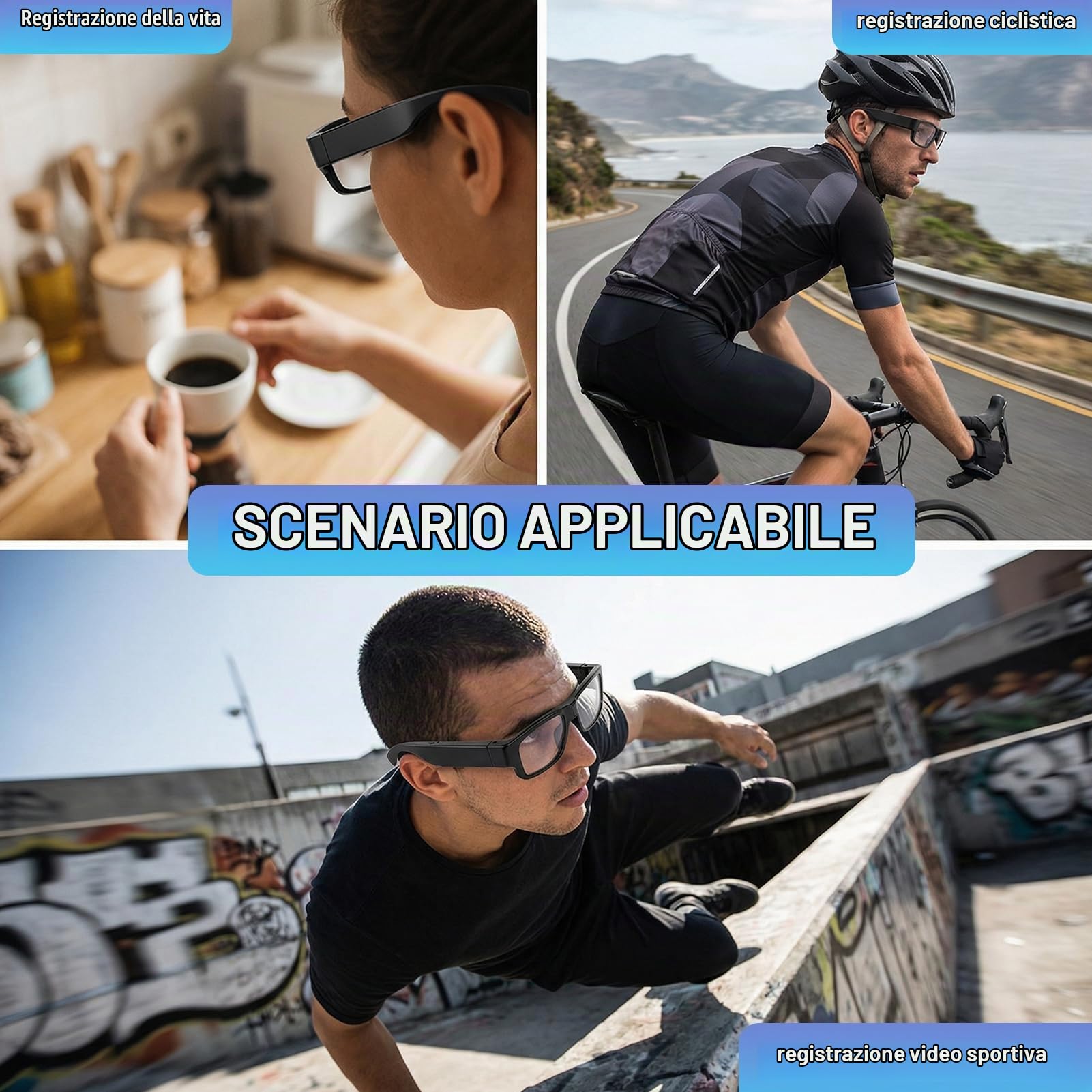 Sport Occhiali Fotocamera, Occhiali da Sole HD 1080P per Esterni | Previene Le Vibrazioni, Obiettivo Grandangolare, Video di Registrazione, Occhiali da Intelligenti per Uomini E Donne